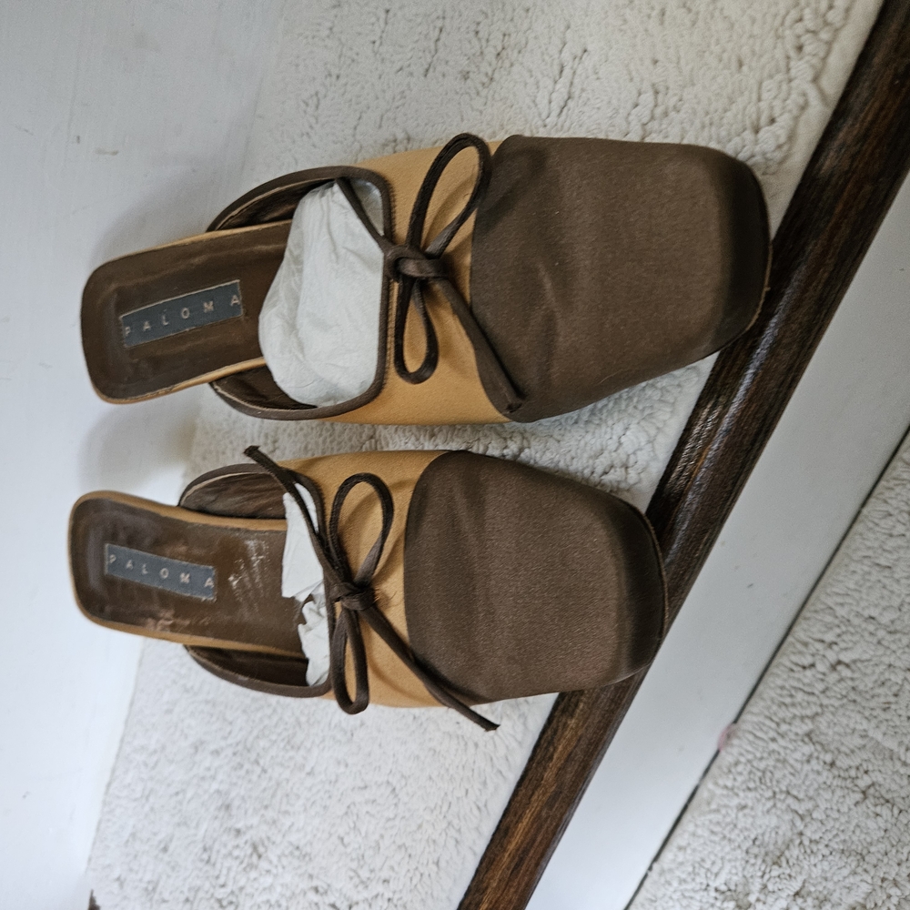 Brown and Tan Mules with Square Toe and Bow Detail